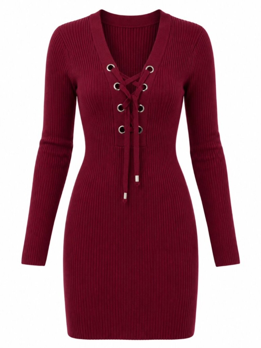 Michael Kors Burgundy Ribbed Lace Up Bodycon Sweater Dress L